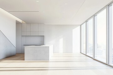 Modern kitchen island, city view, sunlight, minimalist interior design, real estate