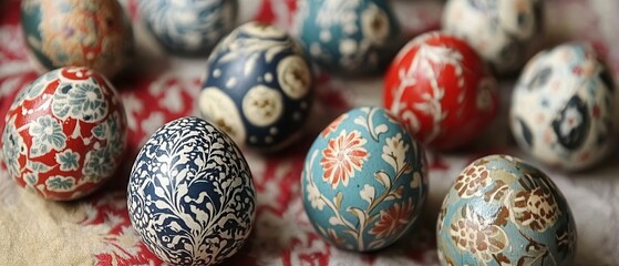 A detailed close-up view of a table adorned with vibrantly painted eggs, showcasing intricate designs and colors that celebrate creativity and artistry.