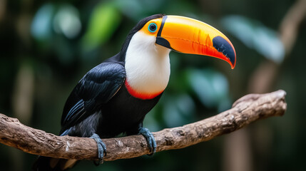 Obraz premium Colorful toucan perched on a branch is gazing at the camera amidst the lush greenery of the rainforest. This vibrant scene highlights the rich biodiversity of tropical habitats