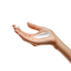 A hand holding and applying a dollop of white cream, showcasing skincare or moisturizing product use.