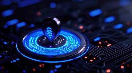Futuristic digital interface with glowing blue elements and a central connection point, symbolizing advanced technology.