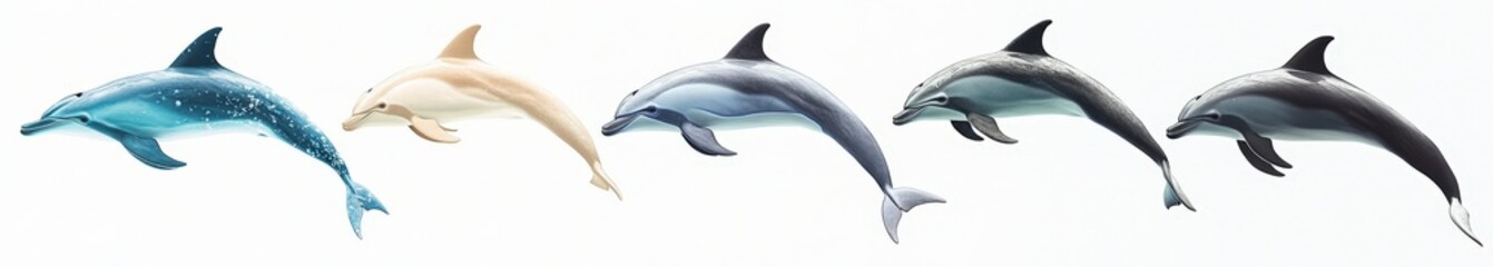 Fototapeta premium Detailed Color Variations of Dolphin Illustrations on White Background