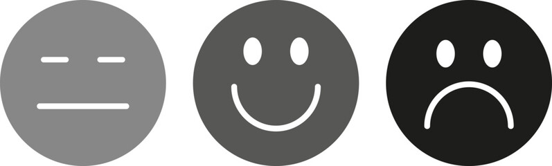 Emotions icons set. Faces or happy, neutral and sad emoji in circle shape. In gray colors. Vector illustration. EPS 10