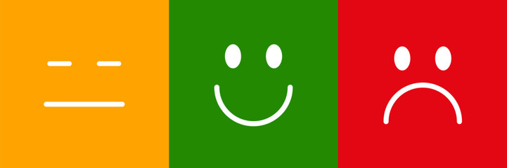 Emotions icons set. Faces or happy, neutral and sad emoji in square shape. Yellow, green and red colors. Vector illustration. EPS 10