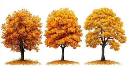 Naklejka premium Three autumn trees with golden leaves on a white background, digital illustration style