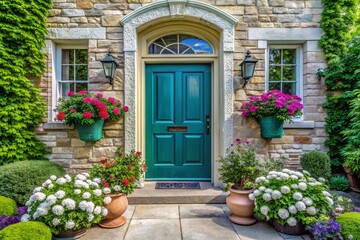 Fototapeta premium Charming Stone & Brick Home Exterior with Vibrant Blue-Green Door and Lush Landscaping