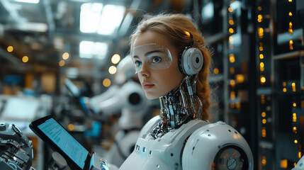 Fototapeta premium A futuristic corporate environment where autonomous AI robots collaborate with humans