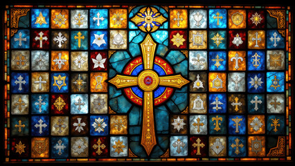 Fototapeta premium Stained glass window featuring Christian symbols such as crosses and a central crucifix.
