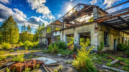 Obraz premium Chernobyl Exclusion Zone: Ruined Building in Pogonnoye, Belarus - Post-Soviet Mechanized Yard Devastation