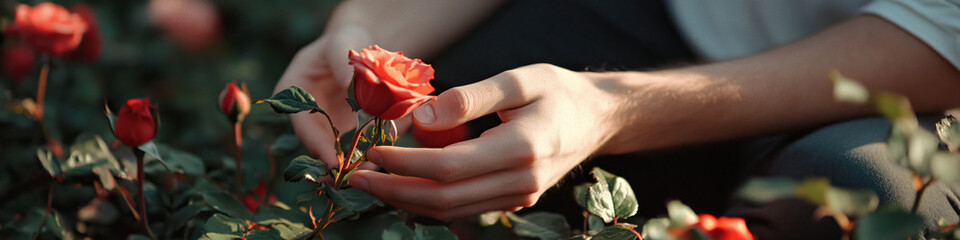 Hands Cultivating a Rose in a Rose Bush