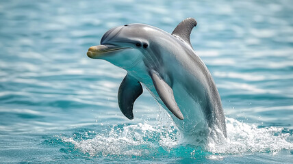 Naklejka premium Bottlenose dolphin pair leaping through turquoise ocean water showing joyful marine life behavior in crystal clear sea