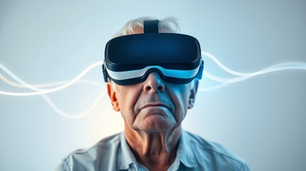senior man wearing virtual reality glasses 