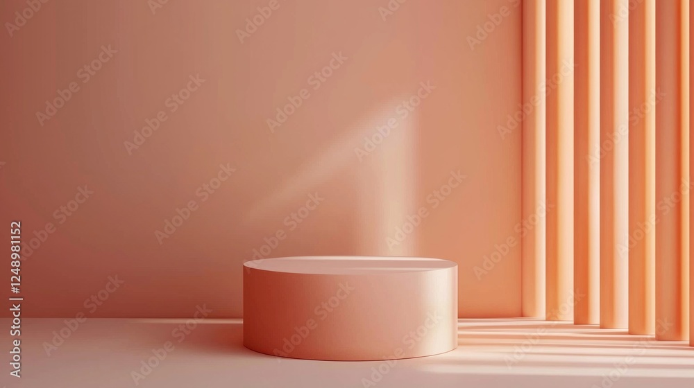 Poster a soft pink backdrop complements a cylindrical podium, creating a serene atmosphere. the interplay o