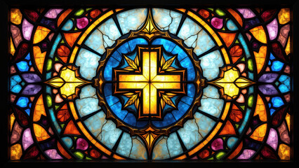 Stained glass window depicting Christian cross, symbolizing faith and religion.