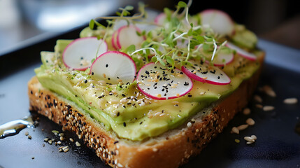 decorated avocado toast topped with radish slices, sprouts, and sunflower seeds 