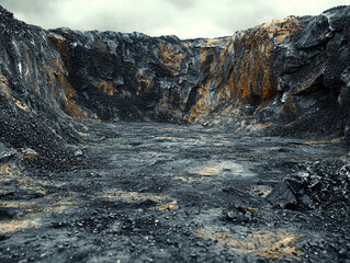 Rugged mining quarry with dark rocky terrain and steep stone walls in barren industrial landscape