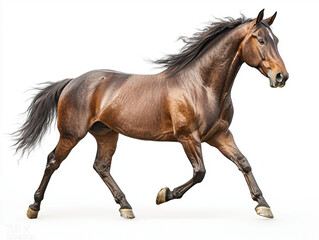 Fototapeta premium Bay stallion trotting side view isolated on white, horse motion elegant muscular movement action natural