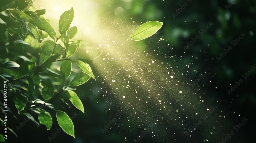 Poster bright sun rays filtering through lush green leaves in a misty forest, creating a magical bokeh effe