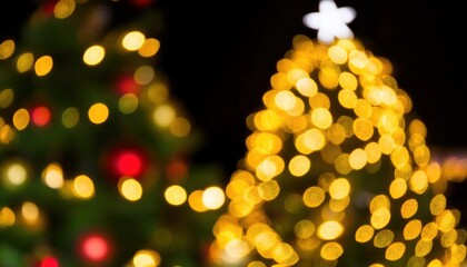 golden bokeh christmas tree lights with blurred festive decorations for holiday background or design template