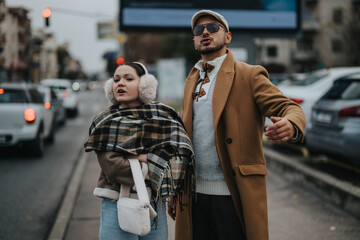 Obraz premium A fashionable young couple strolls through a city street on a chilly day, showcasing trendy winter attire. They appear to be enjoying their time despite the cold weather, adding warmth to the scene.