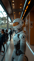 A modern boardroom with AI-powered robotic assistants translating discussions in real-time