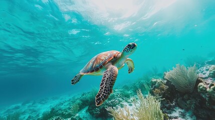 Obraz premium Hawksbill turtle gliding over a coral reef in crystal-clear water