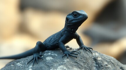Naklejka premium Black lizard on rock, wild nature background