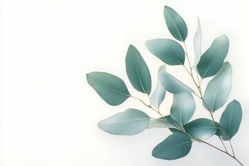 Minimalist Eucalyptus Leaves Botanical Illustration on White Background with Soft Pastel Colors and Natural Lighting