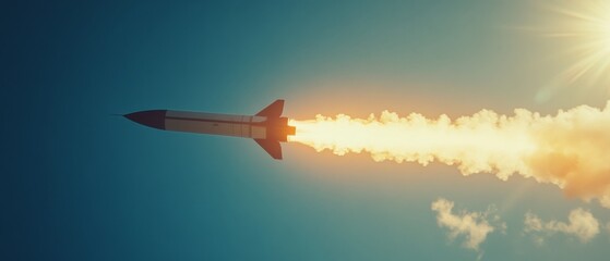 Fototapeta premium A rocket streaks through a clear, blue sky, its exhaust vividly lit by the sun, symbolizing momentum and futuristic travel.