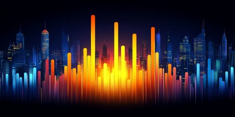 Vibrant Cityscape With Fluctuating Graph A Modern Visualization Of Financial Market Volatility.