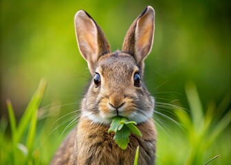 Fototapeta premium Close-Up Minimalist Photo of Brown Rabbit Grazing on Grass