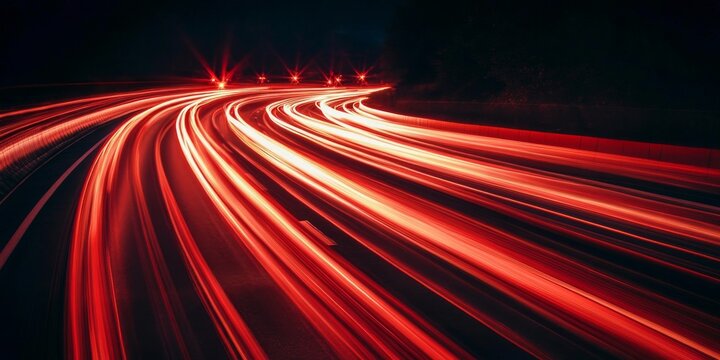 Night highway, red light trails, curve, speed, motion blur, background lights, transportation - Powered by Adobe