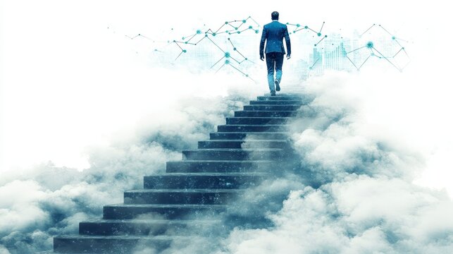 Businessman walking up gray stone stairway over white clouds, abstract musical notes float in the background, symbolic image of progress and