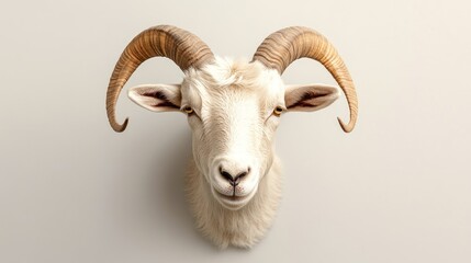 White ram taxidermy head, studio shot, neutral background, wildlife decor