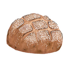 A round, rustic loaf of bread with a deep brown crust, topped with a dusting of flour. The surface has a distinctive scoring pattern, giving it an artisanal and homemade appeal.
