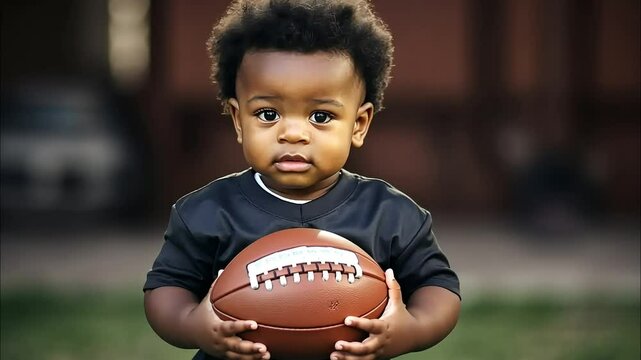 Little African American boy with american football or rugby ball. Family, summer and game concept