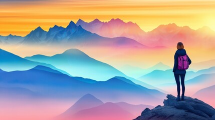 Obraz premium Silhouette of Person on Cliff Overlooking Vibrant Mountain Landscape
