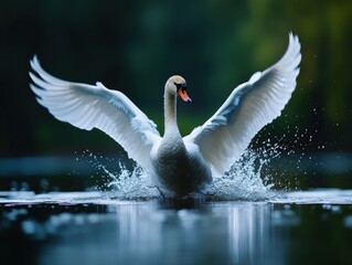 Majestic swan taking flight, lake, forest background, nature