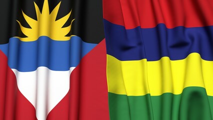 Flags of ANTIGUA AND BARBUDA and MAURITIUS with realistic cloth texture
