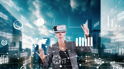 Businesswoman user making zoom with big data dynamic market graph monitor VR future global innovation interface digital infographic network technology thinking visual hologram animation. Contraption.