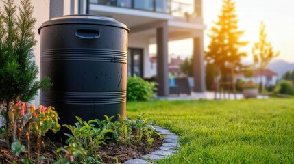 Large Rain Barrel for Collecting Water Outside a Modern Home with Beautiful Landscaping at Sunset