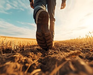Walking boot traversing dry earth in a wheat field