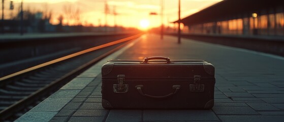 A lone suitcase sits on a railway platform at sunset, symbolizing a poignant moment of transition and the promise of new journeys ahead.