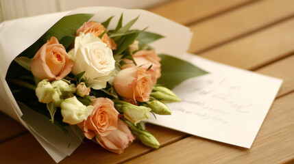 Elegant bouquet of roses with handwritten note on wooden surface