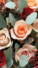 Elegant bouquet of fresh roses with lush greenery and vibrant hues