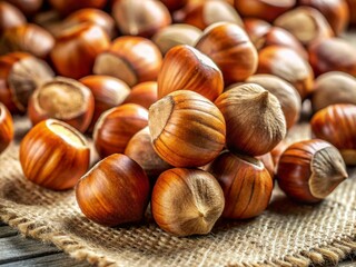 Obraz premium Close-up of Whole Ripe Hazelnuts Scattered on Light Fabric - Copy Space for Text