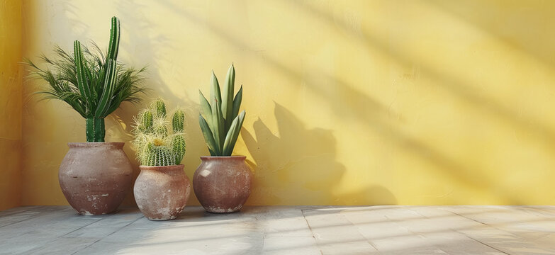 Rustic backdrop with cacti houseplants and warm sunlight. Yellow wall with vibrant potted cacti and tropical plants. Minimalist home interior design with greenery. Ideal for a virtual meeting setting.