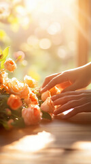 Hands gently arranging delicate peach roses in soft sunlight