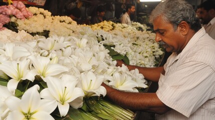 Man arranging fresh white lilies in vibrant flower market stall
