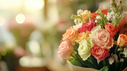 Vibrant bouquet of colorful roses in soft focus garden setting